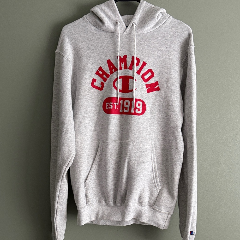 Champion Light Gray Hoodie with Red Logo